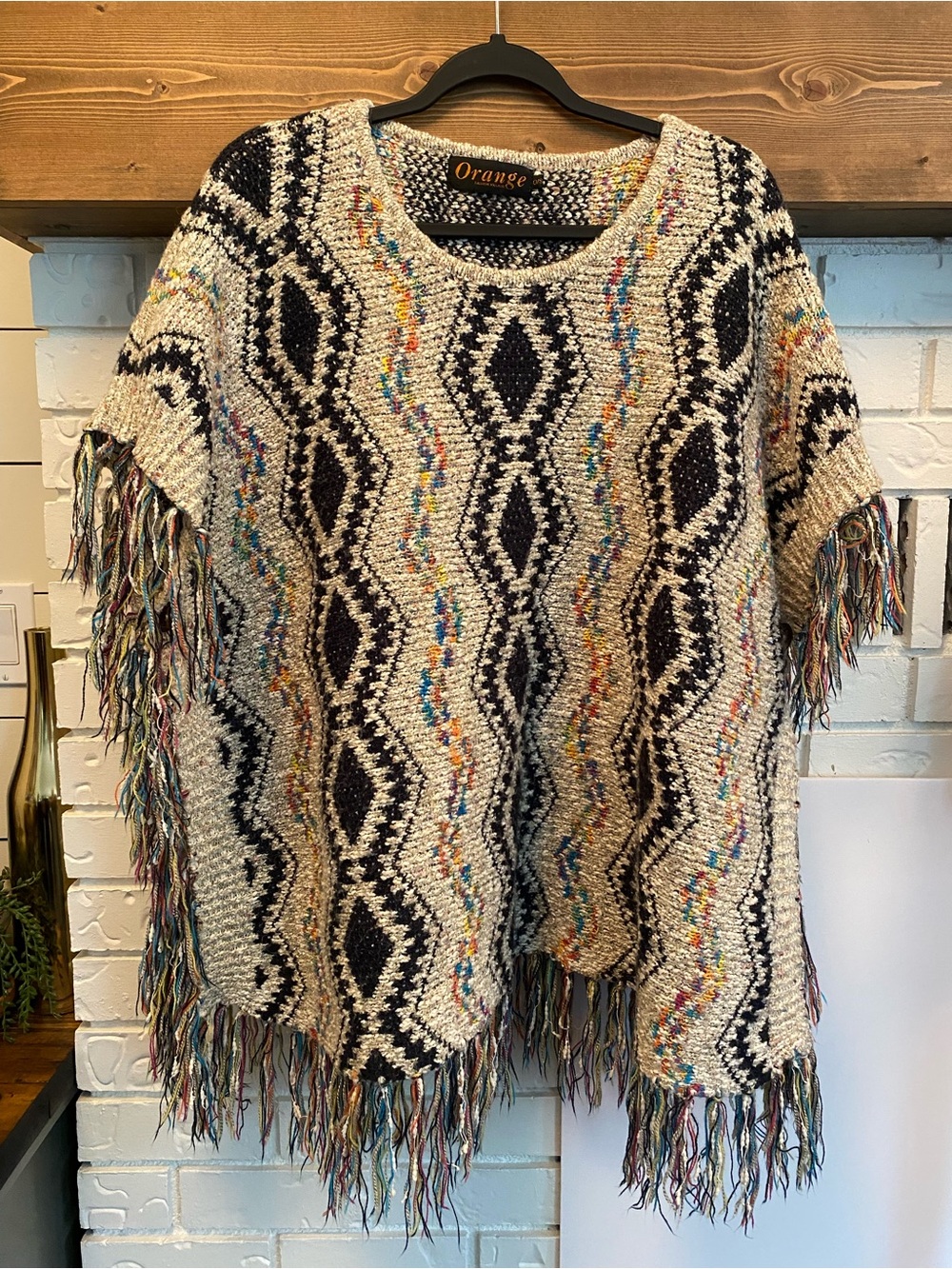 Orange Fashion Village Boho Fringe Poncho Sweater Geometric Knit One Size